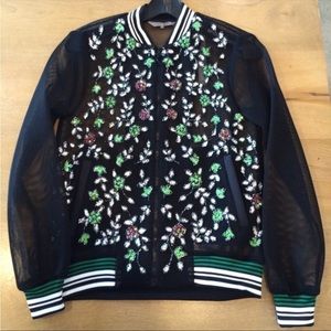 Clover Canyon Black Mesh Bomber Jacket with Green & White Floral Embellishments